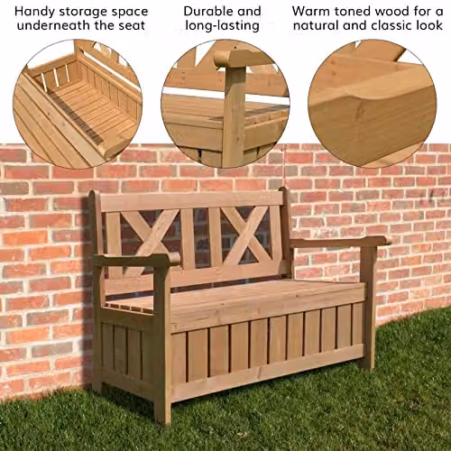 AIRWAVE Darcy 2 Seater Wooden Outdoor Garden Bench with Built In Storage Seat in Brown Treated Hardwood – 3