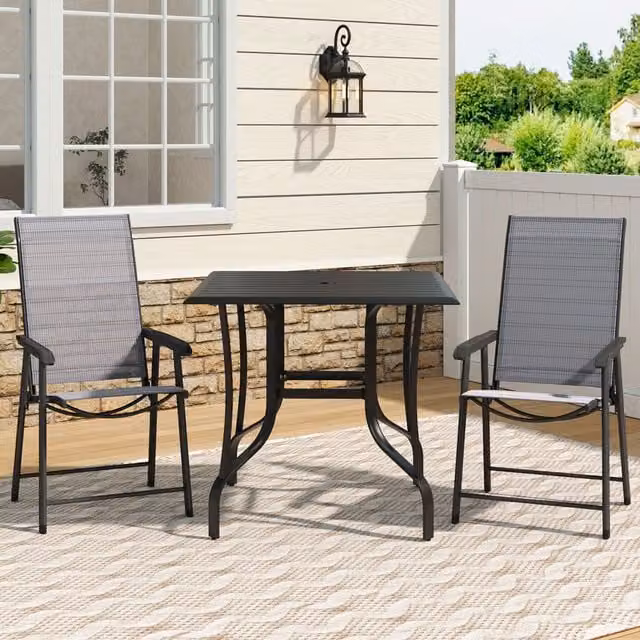 Livingandhome Metal Bistro Set with 1 Square Slatted Garden Table and 2 Foldable Chairs in Anthracite Grey