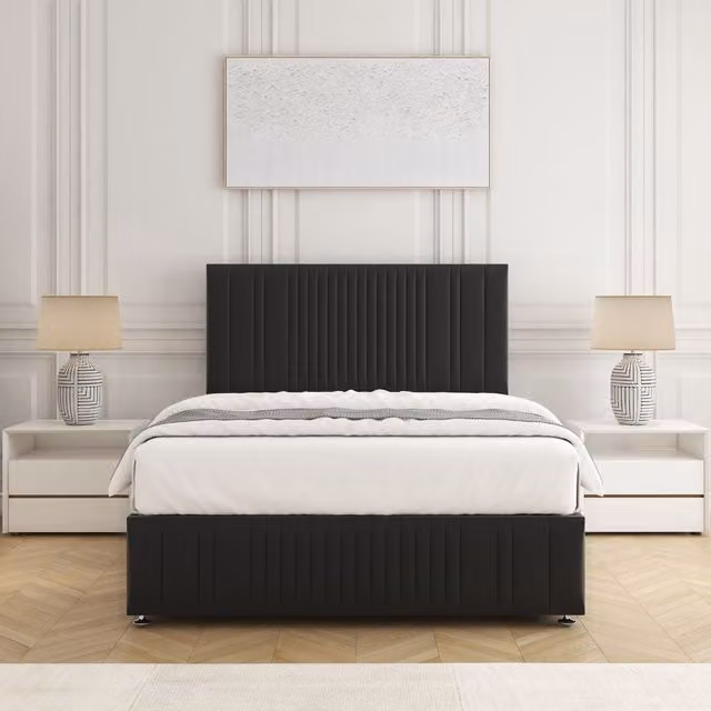 BSSPOKE Rosie Plush Velvet Divan Bed Set with 24 inch Headboard and Mattress in Black, Double, W/D/H: 140 x 200 cm