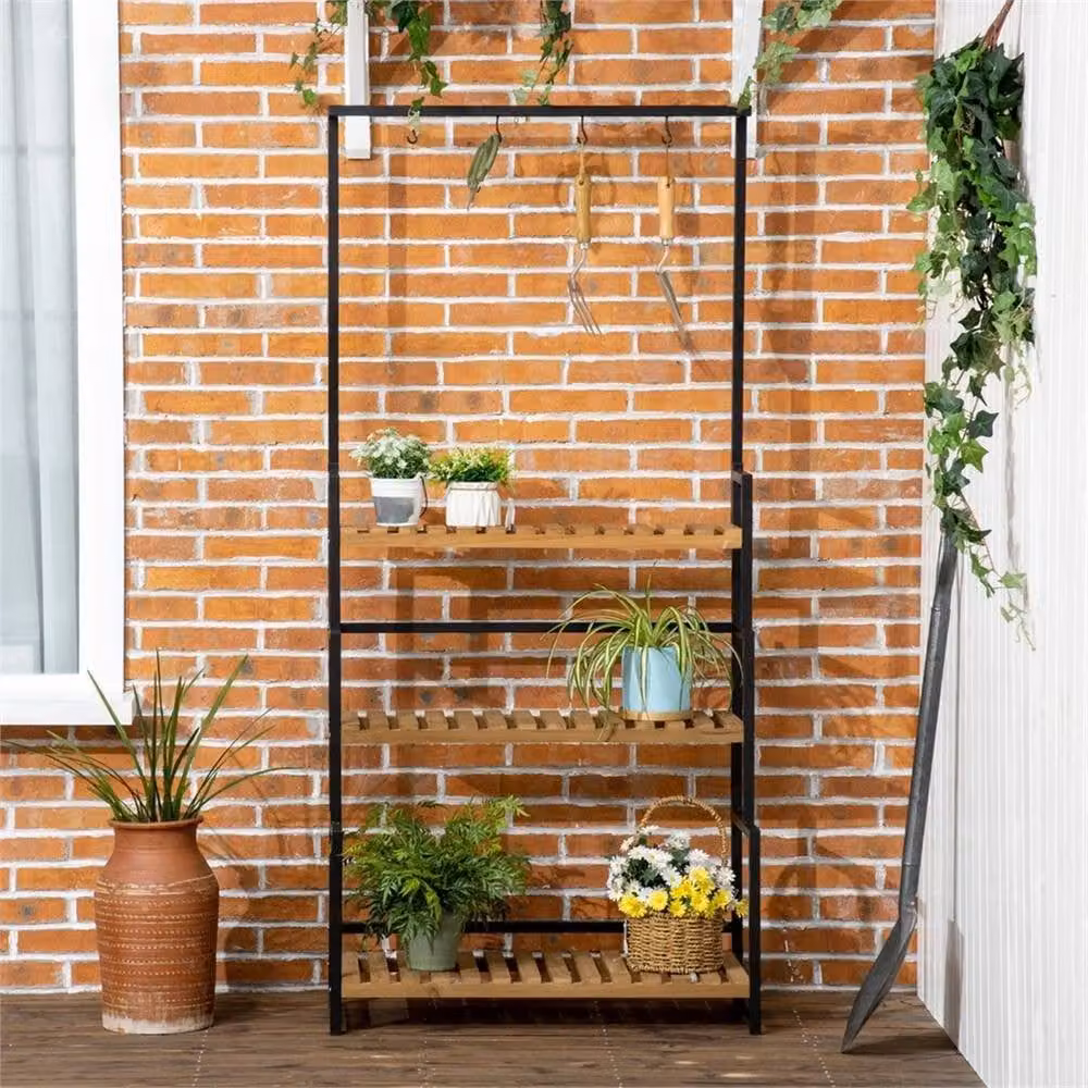 Nordara 3 Tiered Industrial Plant Stand Rack with Hanging Hooks in Brown, W/D/H: 36 x 36 x 174 cm – 4