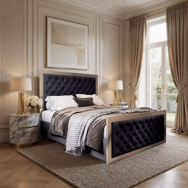 KDMD Minsmere Upholstered Velvet Designer Bed Frame with Black Metal Details, W/D/H: 120 x 200 x 137 cm