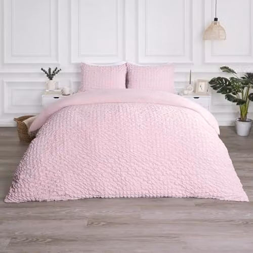 OHS Pink Seersucker Geometric Duvet Cover Set with Matching Pillowcases, King Size