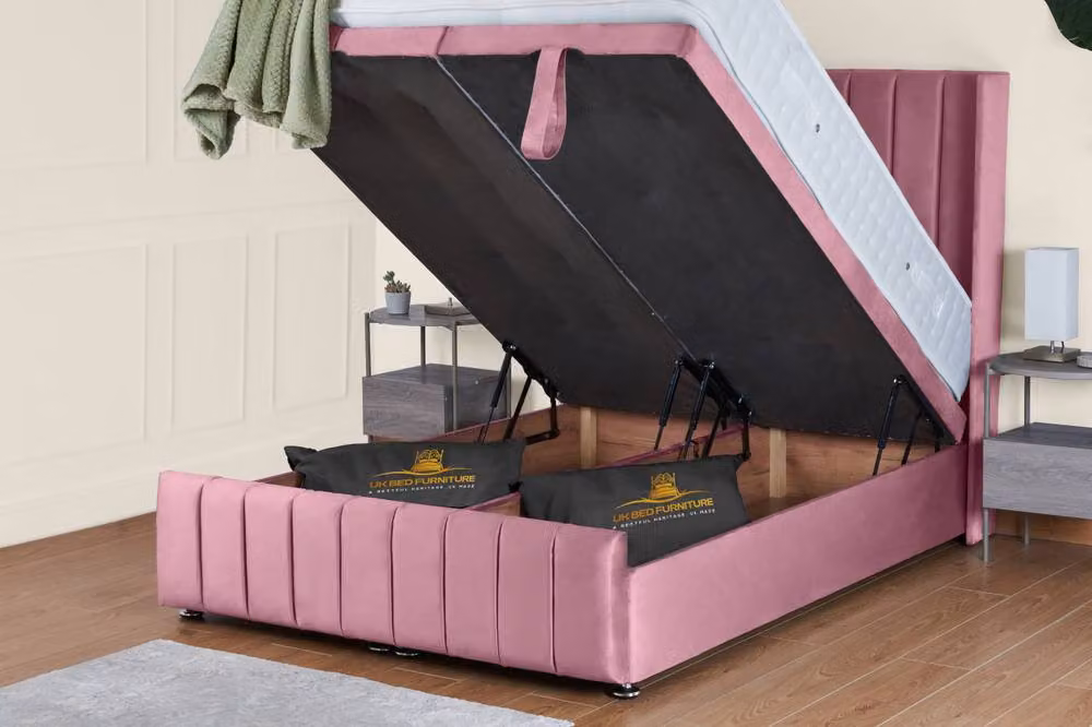 UK Bed Furniture Kamara Pink Velvet Wingback Ottoman Divan Bed with 54 Inch Headboard, W/D/H: 120 x 200 cm – 2