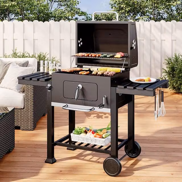 Livingandhome Mobile 2-layer Charcoal BBQ Cooker with Side Shelves, Warming Rack and Thermometer, Black, W: 138 cm