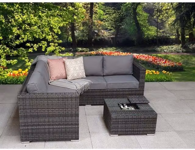 Furniture One 5 Seat Grey Polyrattan L-Shape Corner Sofa Set with Upholstered Cushions and Ice Bucket Coffee Table