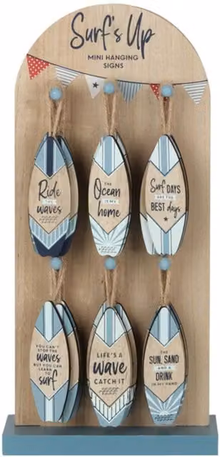 KDMK 24 Piece Set of Mini Wooden Surfboard Signs in Multicolour and Sand for Beach Themed Tabletop Decor