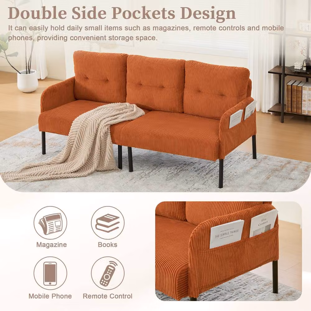Direct Wicker Orange Corduroy Oversized Loveseat Double-Seater Couch with USB Charging and Side Pockets – 4