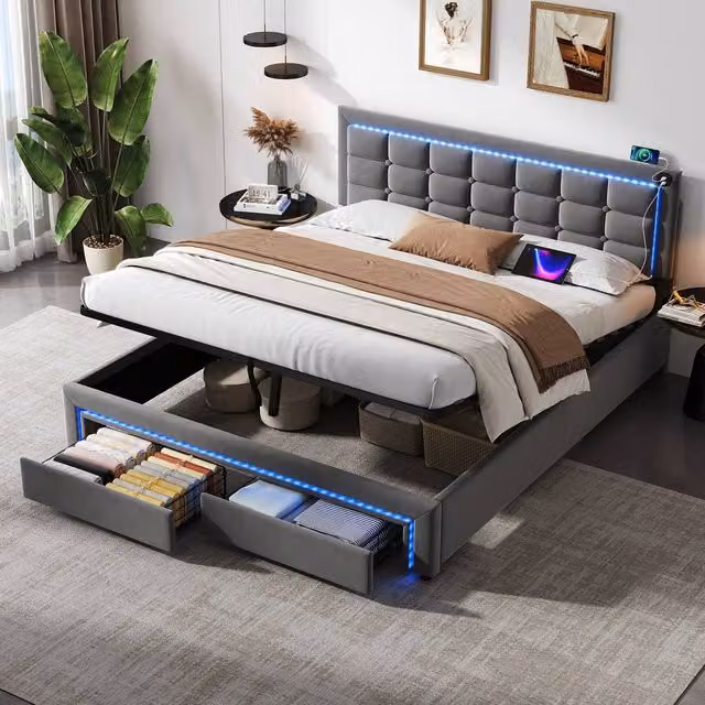 STILVORA King Size Ottoman Bed with Storage, USB Charging Port and LED Lighting in Grey Velvet – 1