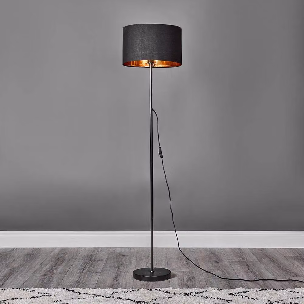 MiniSun Modern Metal Floor Lamp with Black and Gold Fabric Drum Shade by ValueLights – 2