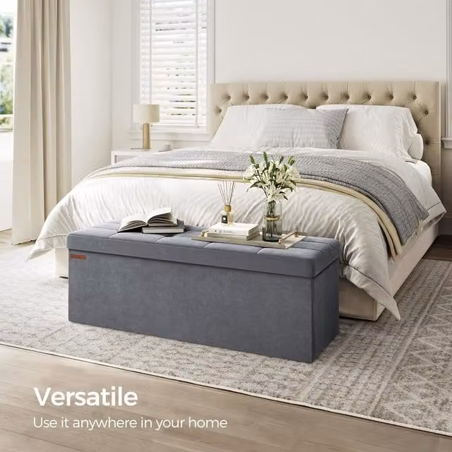 SONGMICS Extra Large Foldable Storage Ottoman Cube Heavy Duty Bench in Grey – 1
