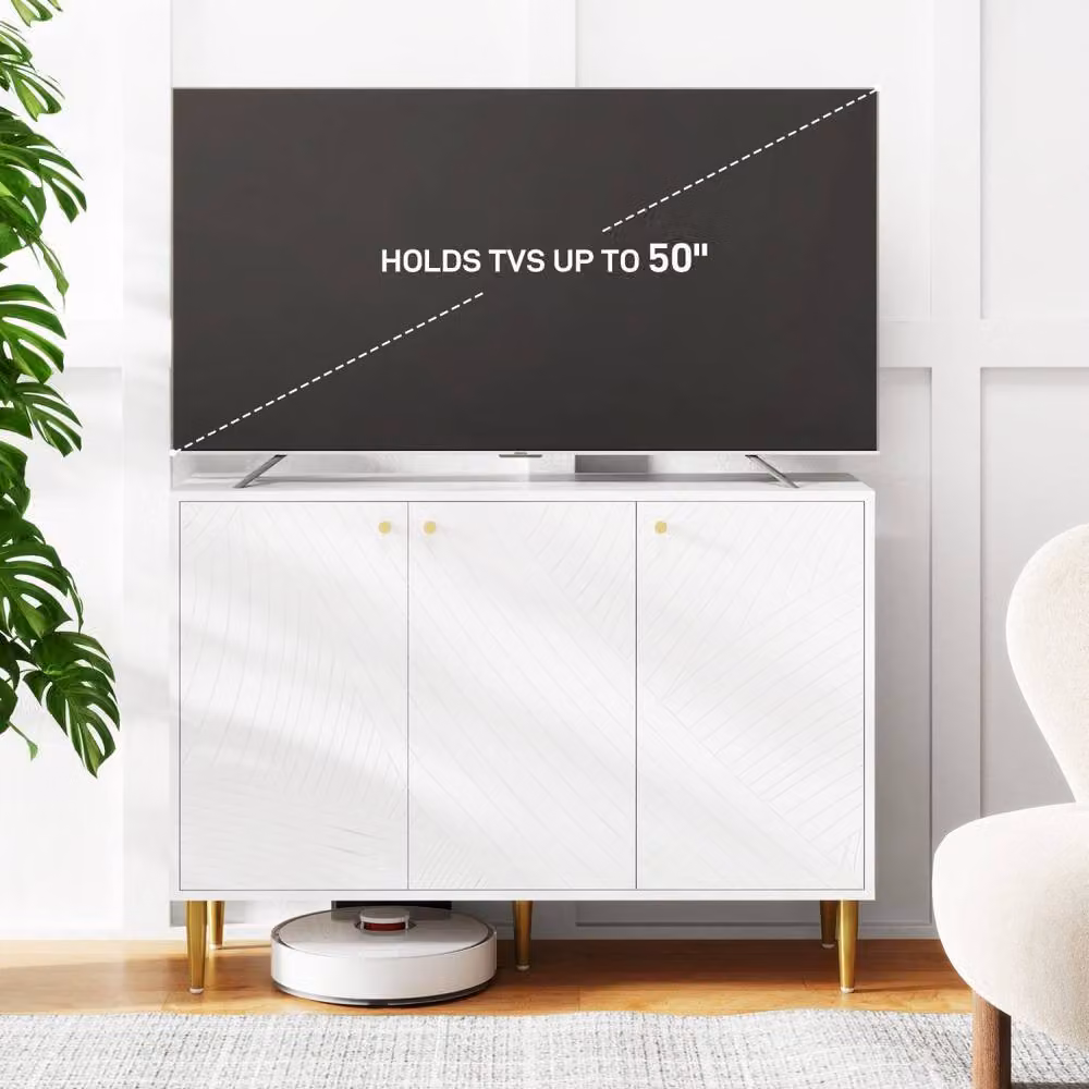 Wyld Haus Rasuno Ledi White and Gold 2 Cupboard Sideboard with Scandi Geometric Pattern – 4