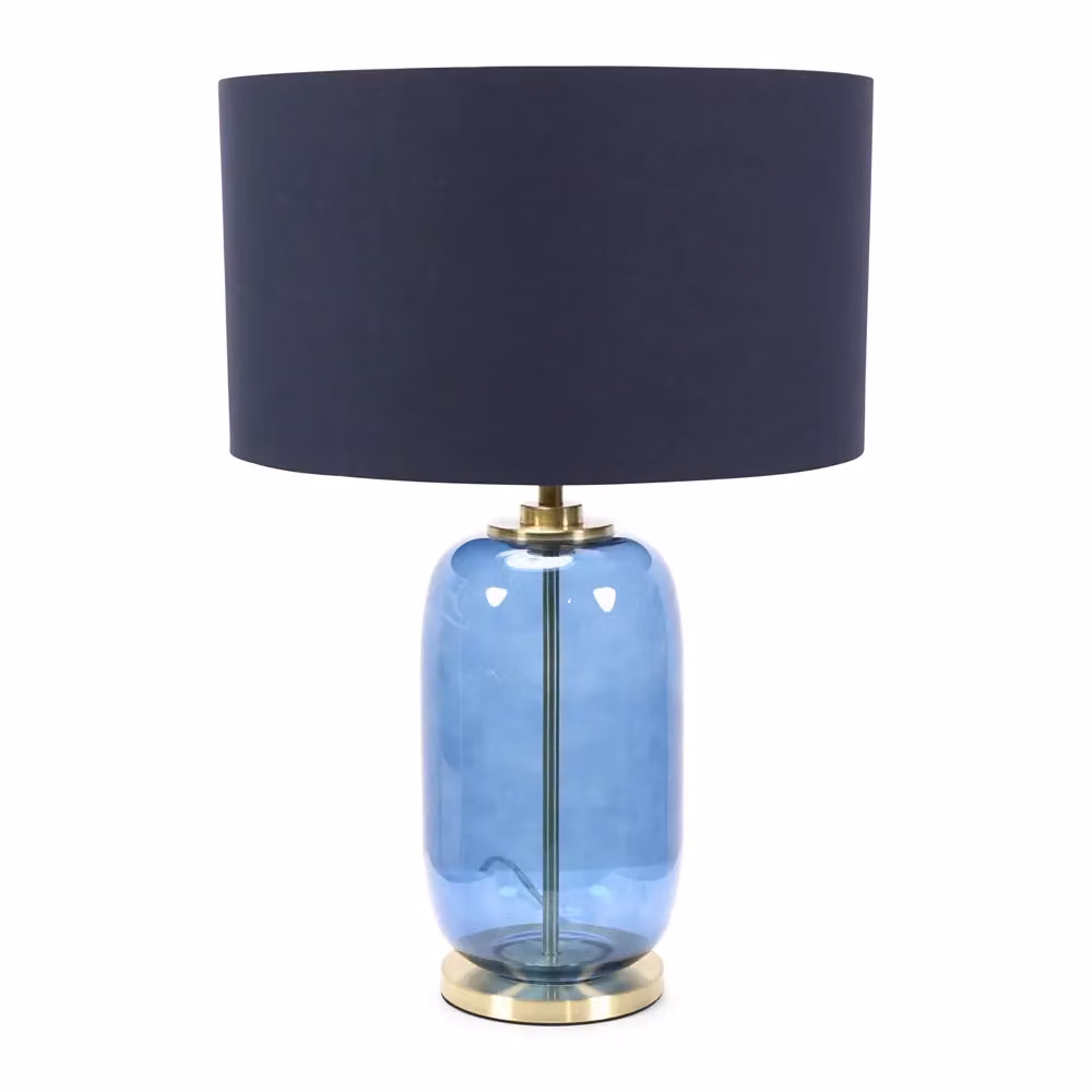 ValueLights Leigh Table Lamp with Blue Glass, Gold Trim and Fabric Drum Shade, Includes Bulb – 2