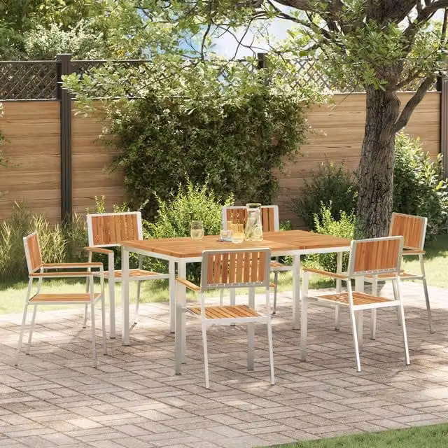 Berkfield Home 7 Piece Acacia Wood Garden Dining Set in Brown and White – 1