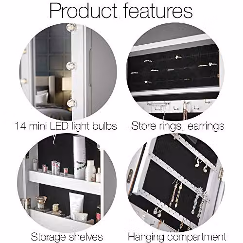 CARME Katie White Jewellery Storage Cabinet with Mirror and LED Lights, Wall Mounted or Tabletop Organiser for Bedroom and Bathroom – 6