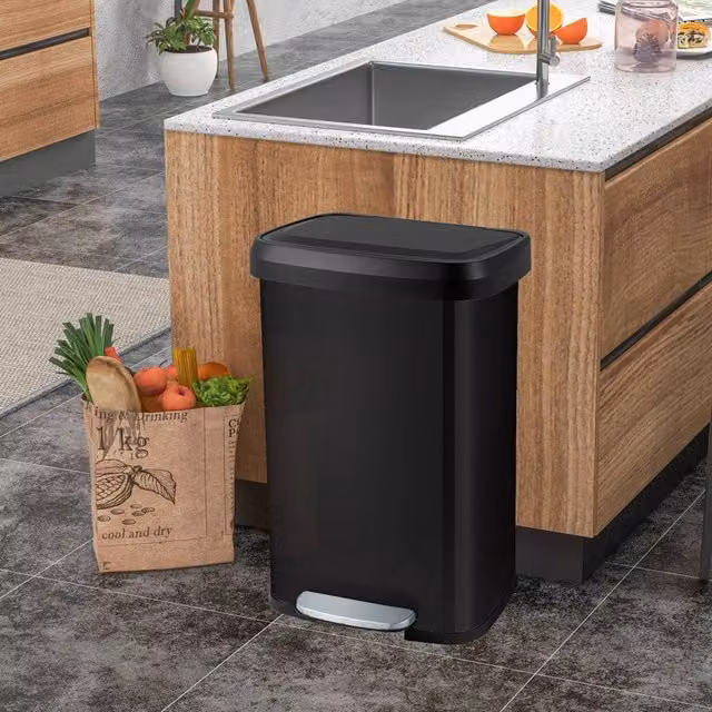 Costway 50L Stainless Steel Step Trash Can with Soft Close Lid and Odour Filter, Black – 1