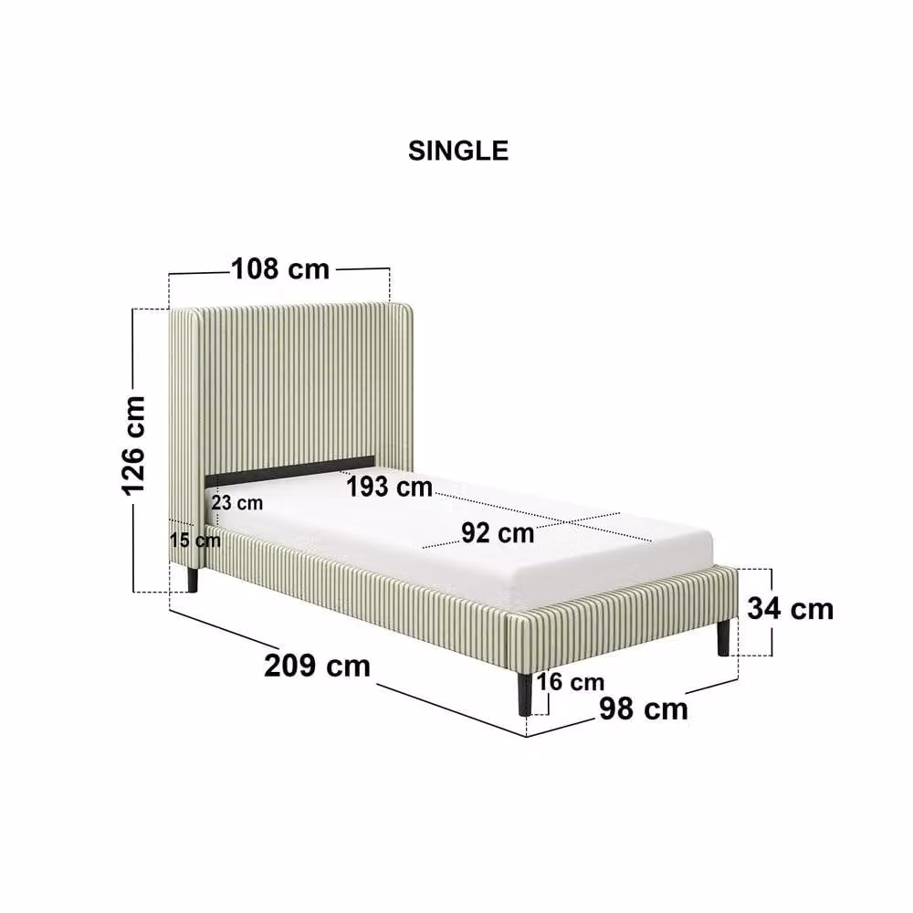 Solace+Co Jovanna Striped Single Bed with Winged Headboard in Green, Cream and Brown Woven Fabric, W/D/H: 90 x 200 x 108 cm – 3
