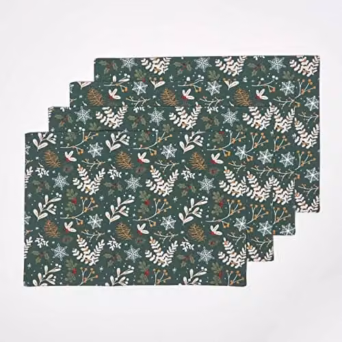Homescapes Festive Forest Green Christmas Placemats, Set of 4, 100% Cotton