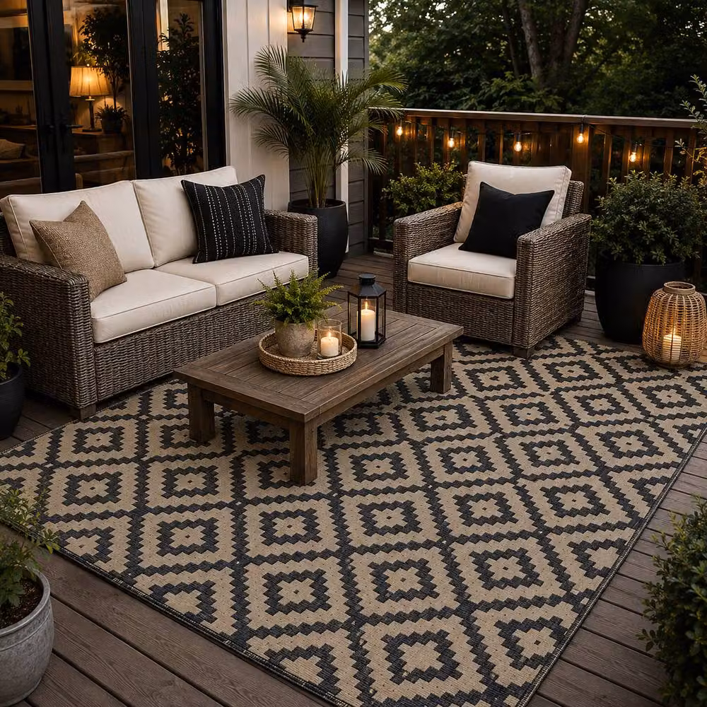 Simpa Geometric Outdoor Reversible UV Resistant Woven Rug in Black, W: 150 cm, D: 240 cm – 5