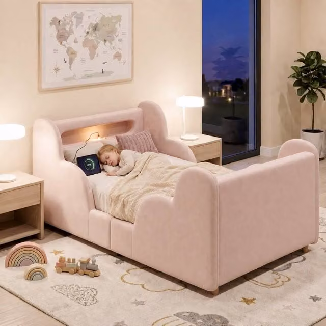 Rolipo Pink Velvet Toddler Bed with LED Light and USB Charging Port, W/D/H: 90 x 190 cm