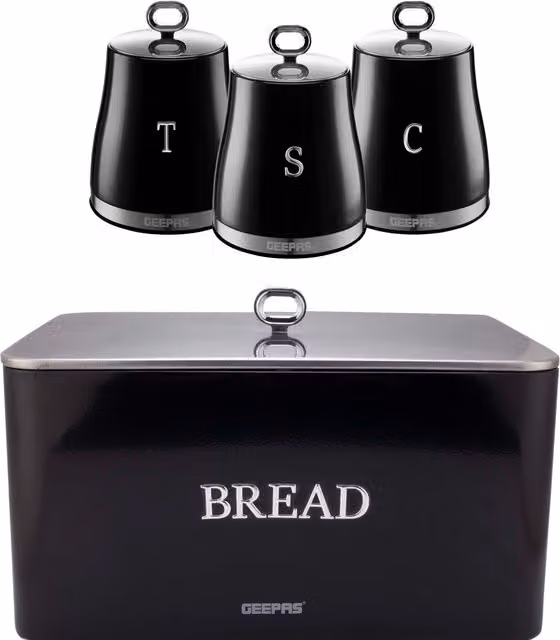 Geepas Retrovive Black Bread Bin 13L and Airtight Canister Set 1.4L
