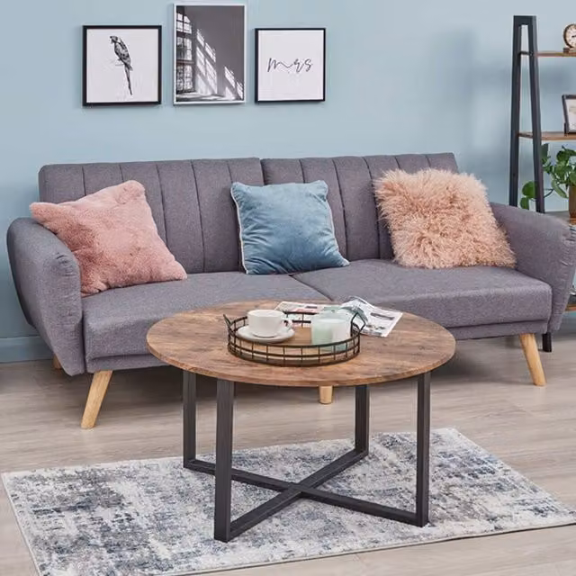 Furnituremaxi Industrial Round Coffee Table with X-Frame in Brown Wood and Metal