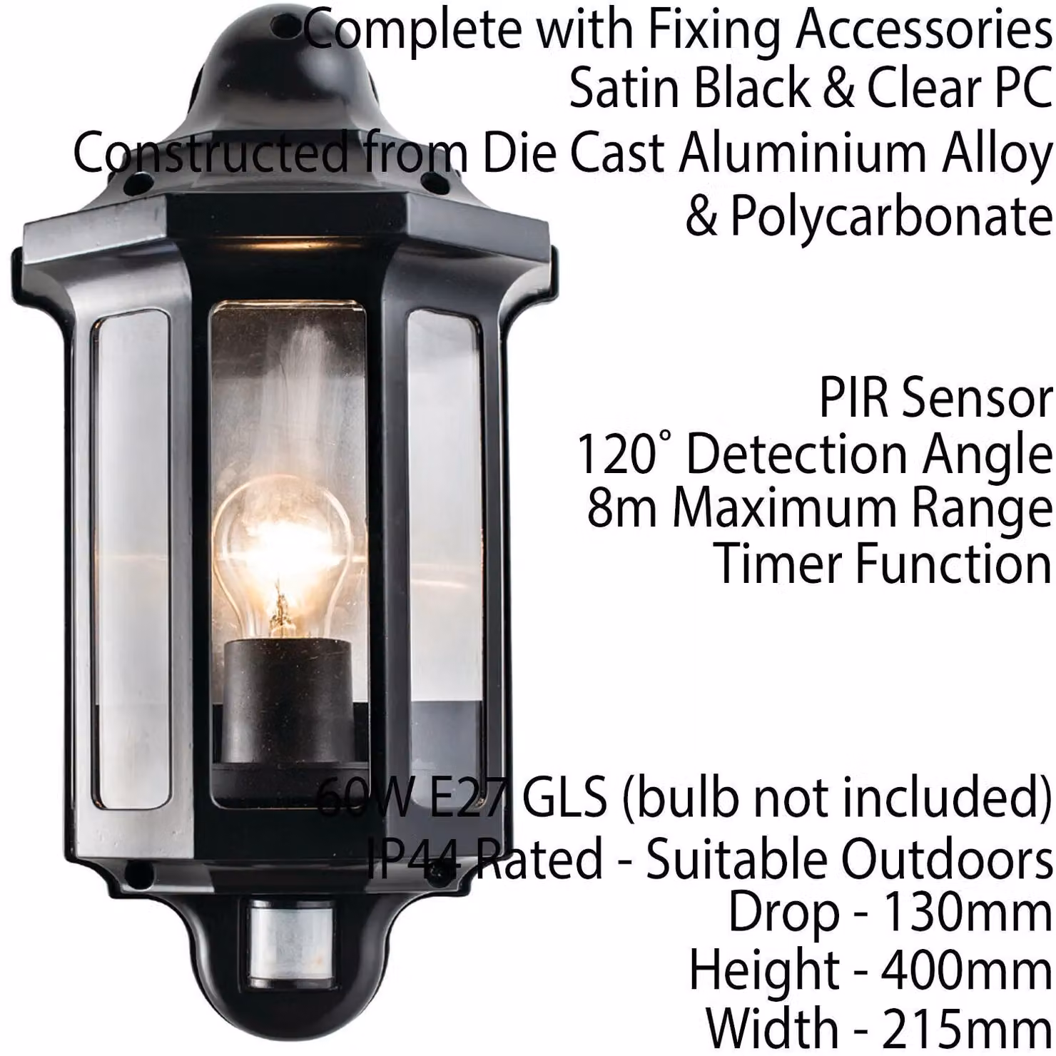 Loops 2 Pack Traditional Outdoor Wall Lanterns in Satin Black with PIR Motion Sensor and Timer, IP44 Rated – 3