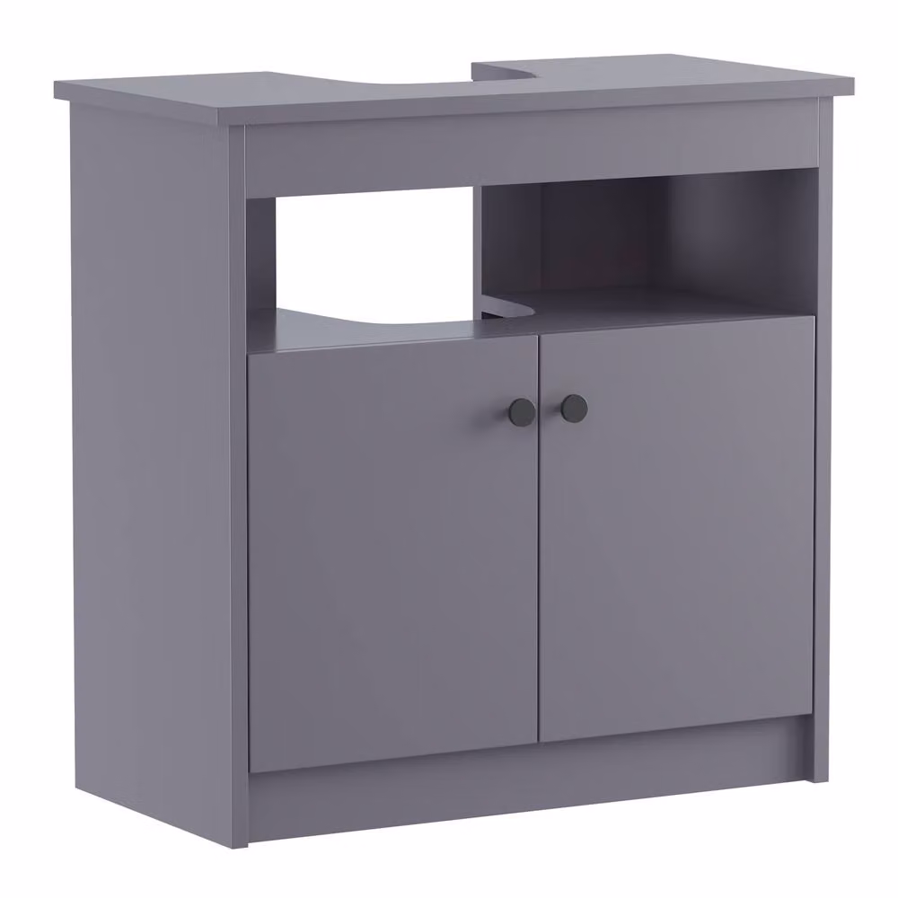 KEEPREAPER Mid-Century Grey Freestanding Under Sink Bathroom Cabinet with 2 Hinged Doors and Internal Shelves, Width: 60 cm – 2