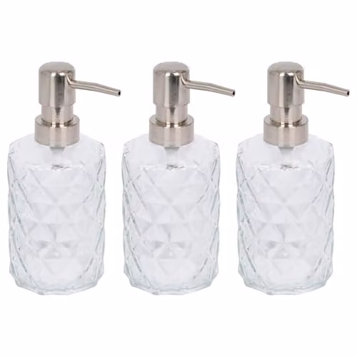 Harbour Housewares Prism Glass Soap Dispensers Pack of 3, 330ml Transparent Refillable Bottles with Pumps