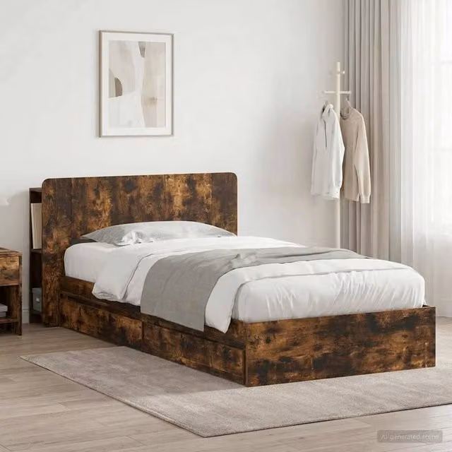 Berkfield Home Modern Bed Frame with Storage Drawers in Smoked Oak Brown, W/D/H: 90 x 190 cm