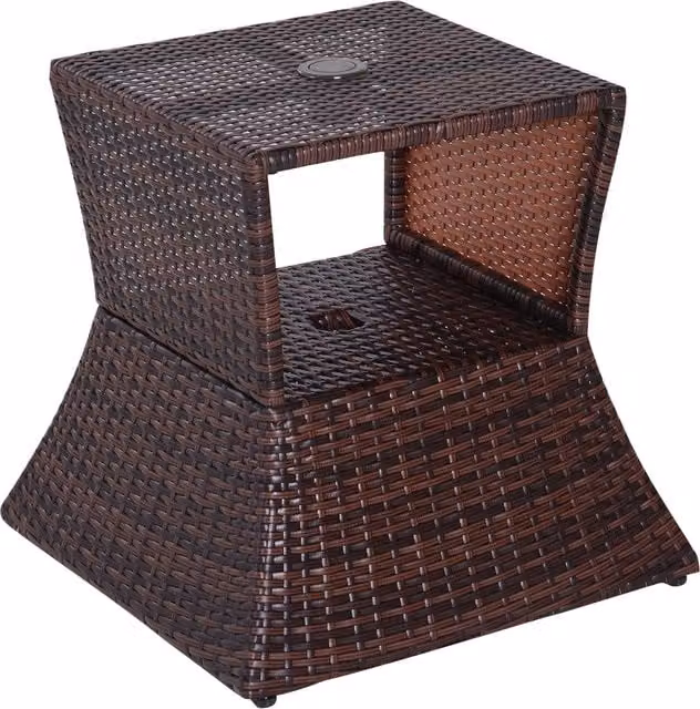 Outsunny Brown Rattan Wicker Outdoor Patio Coffee Table and Bistro Side Table with Umbrella Hole and Storage Space