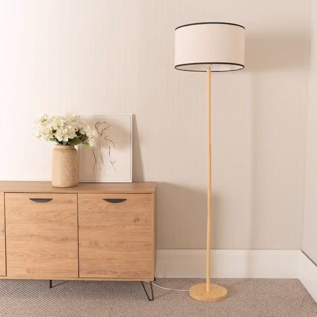 ValueLights Tripod Wood Floor Lamp with Black Fabric Drum Shade – 1