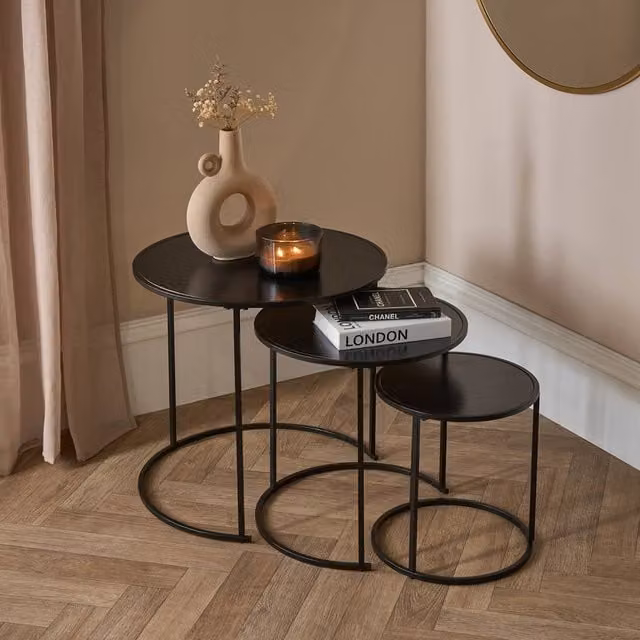 OHS Manhattan Round Nesting Side Coffee Tables with Black Metal Frame – 1