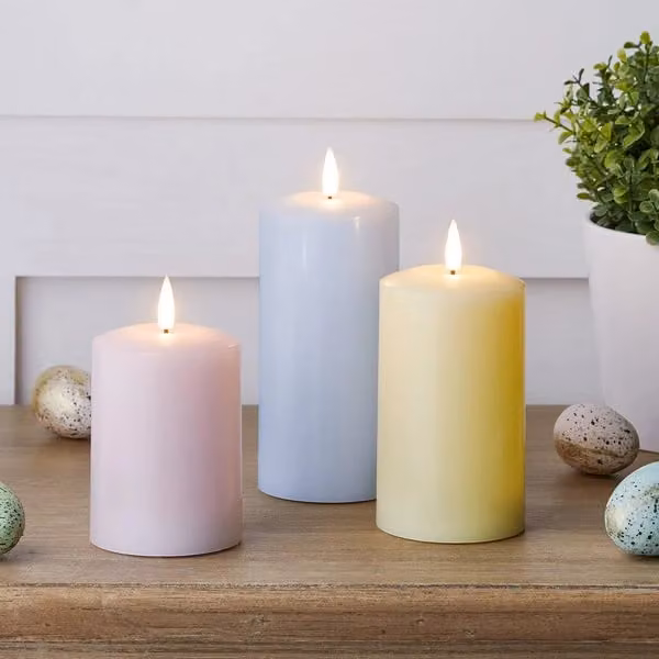 TruGlow Pastel LED Pillar Candle Trio with Remote Control, Multicolour Wax Tabletop Candles with Flicker Effect and Timer