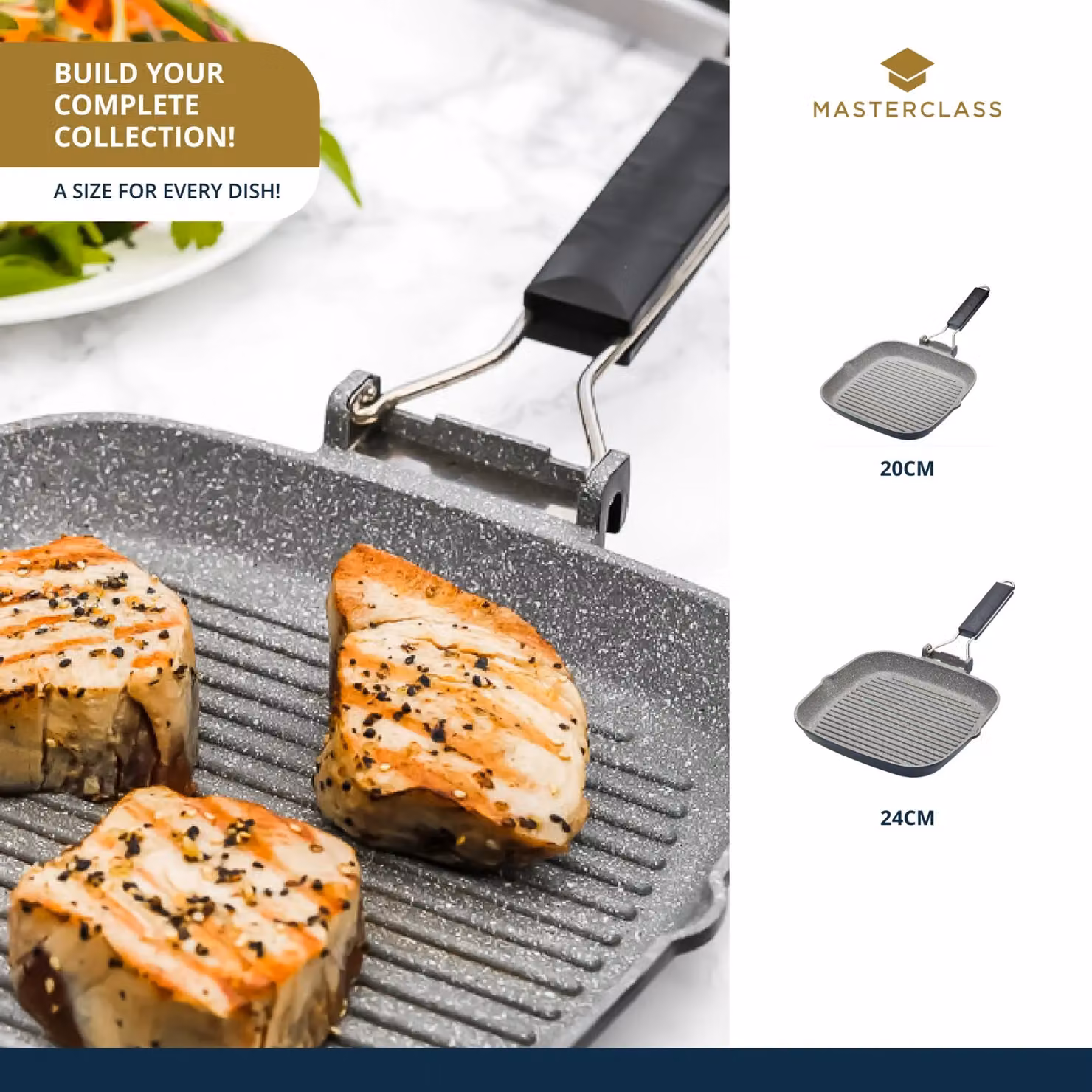 MasterClass Non-Stick Cast Aluminium 24cm Grill Pan with Removable Handle, Grey – 10