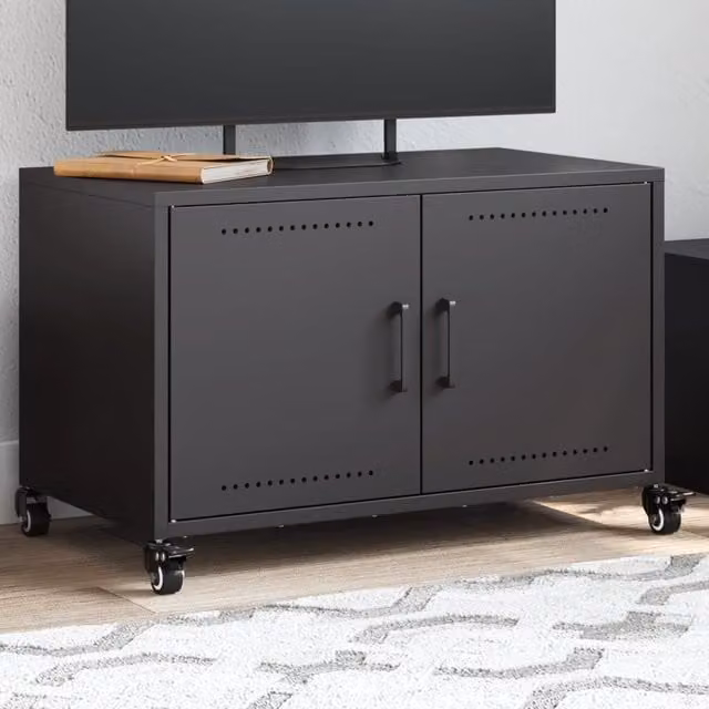 Berkfield Home Black Metal TV Cabinet with Hinged Doors, W: 68 cm, D: 39 cm, H: 43.5 cm