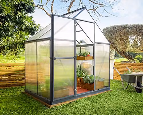 Palram Canopia Mythos 6x4 Greenhouse with Grey Aluminium Frame and UV-Protected Polycarbonate Roof including Base Frame – 2