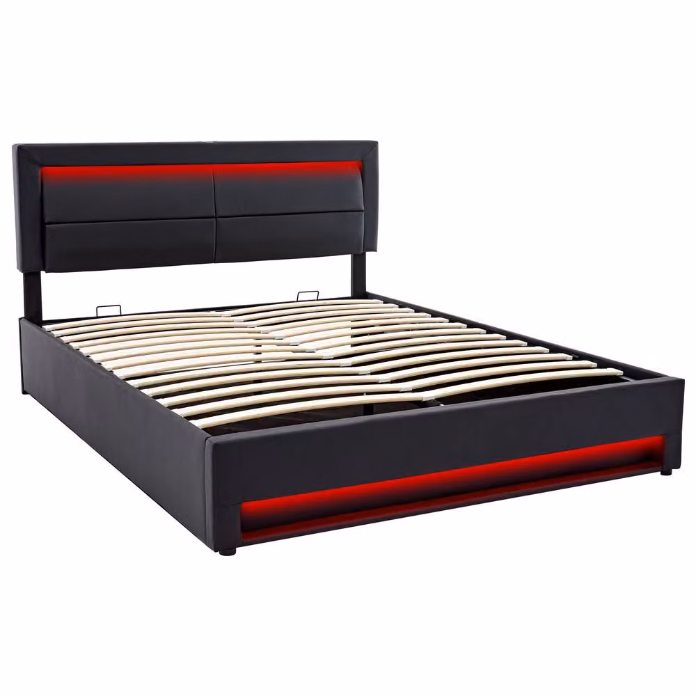 BTM Black PU Lychee 5ft King Size Upholstered Bed with USB Charging, LED Lighting and Lift Up Storage, W: 150 cm, D: 200 cm – 4
