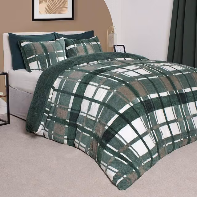 OHS Modern Checked Duvet Cover and Pillowcase Set in Green, 180 x 200 cm