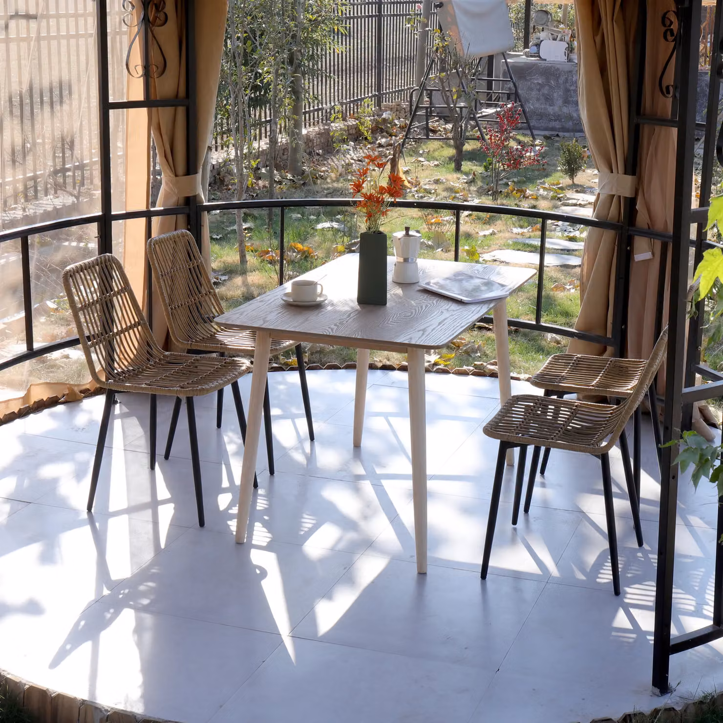 Nordlys Set of 4 Modern Dining Room Chairs with Brown Polyrattan and Black Metal Legs – 8