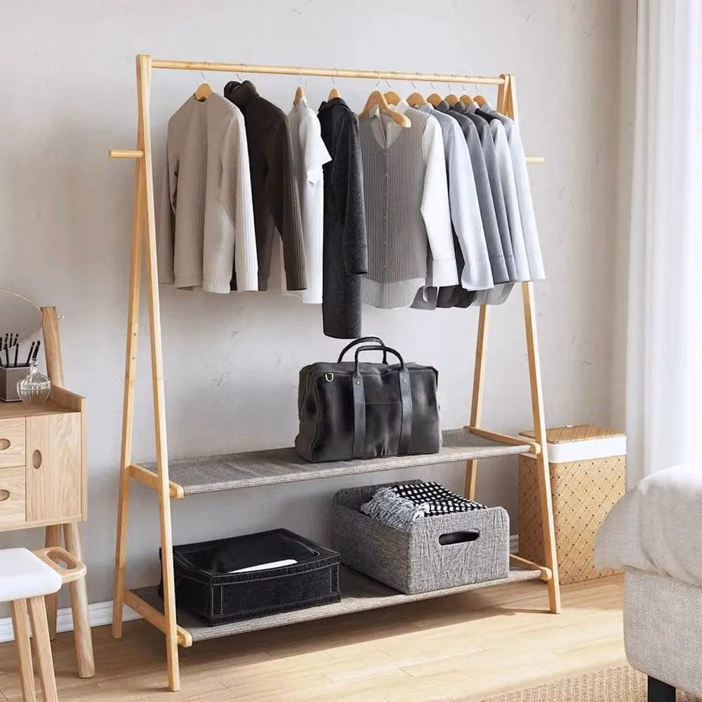 Kelvenix Bamboo Clothes Rack with Shelves and Dual Hook and Rail Matrix, Brown, W: 132 cm, D: 45.5 cm, H: 150.5 cm – 2