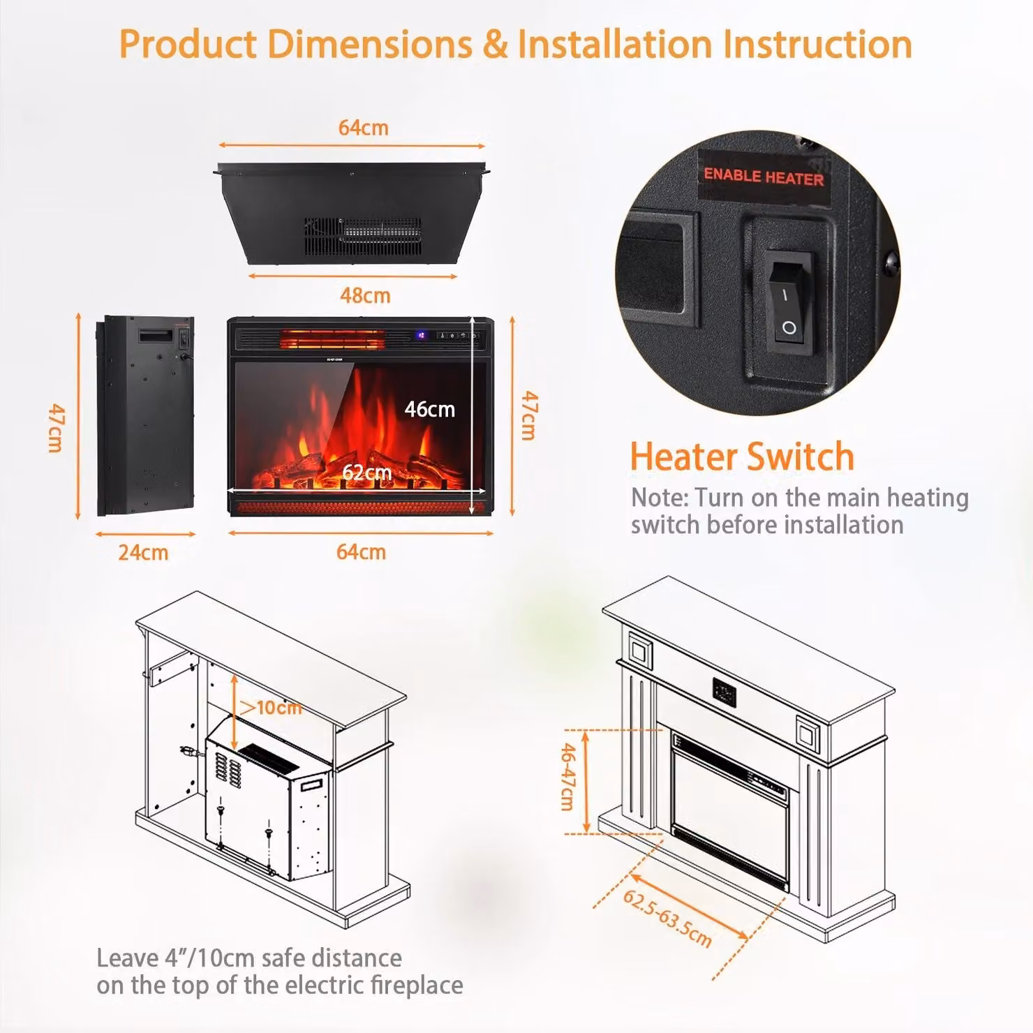 Costway 25 inch Recessed Electric Fireplace Insert with 1800W Heater and 3 Colour Light Options in Black – 2
