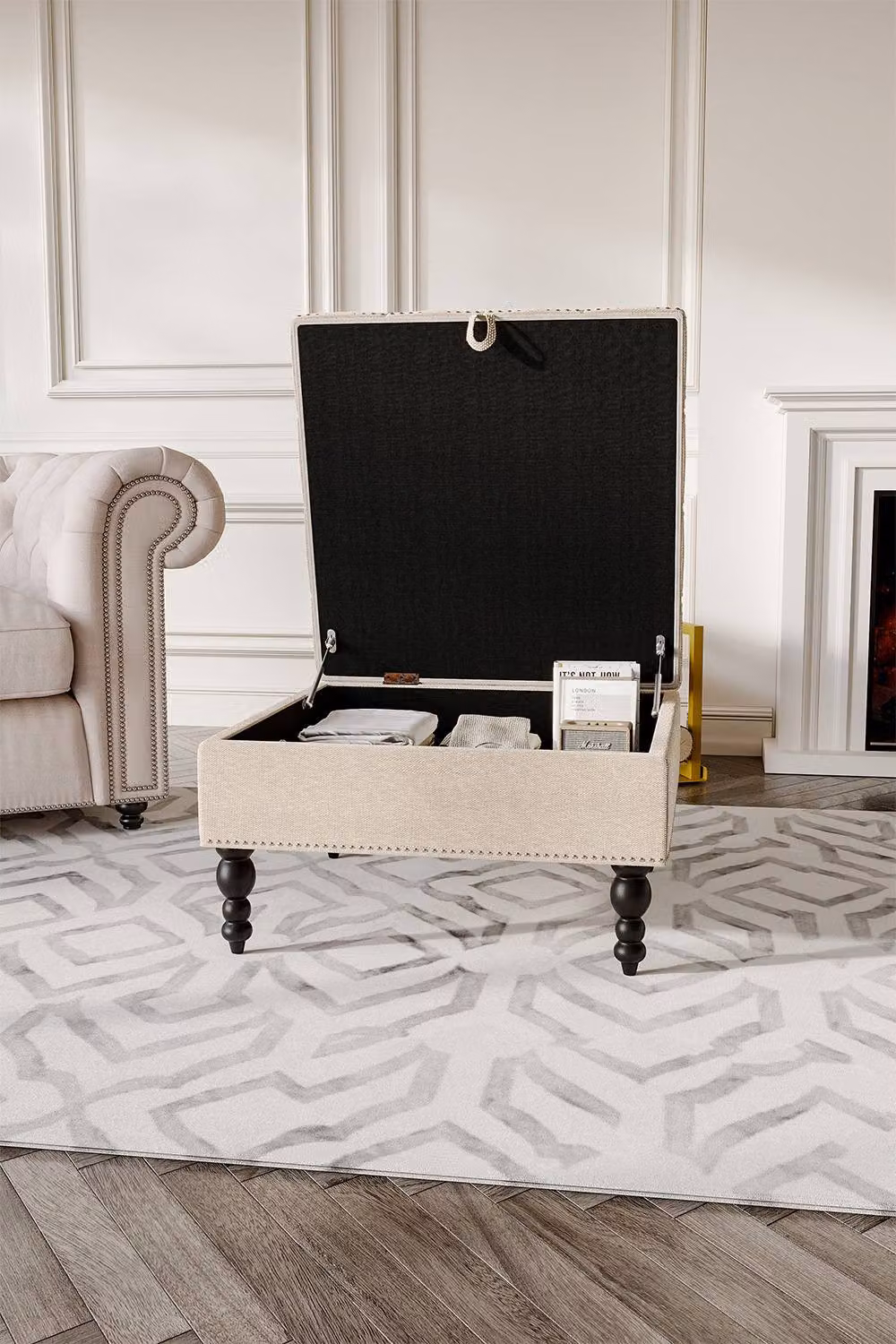 Living and Home Modern Rectangular Tufted Linen Storage Ottoman Footstool in Beige – 2