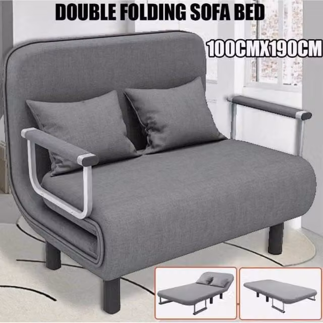 FORGEVIO Modern Grey Fabric Double Click-Clack Sofa Bed with Metal Frame, W/D/H: 140 x 190 cm – 1