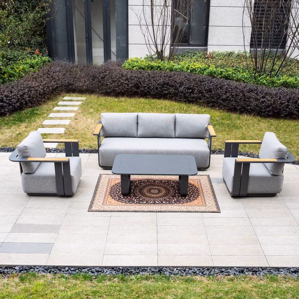 MIMO Garden 5-Seater Grey Aluminum Garden Sofa Set with Teak Armrests and Coffee Table – 8