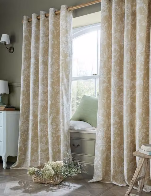 Laura Ashley Lloyd Floral Pure Cotton Eyelet Curtains, Beige and Multicolour, H: 229 cm x W: 117 cm
