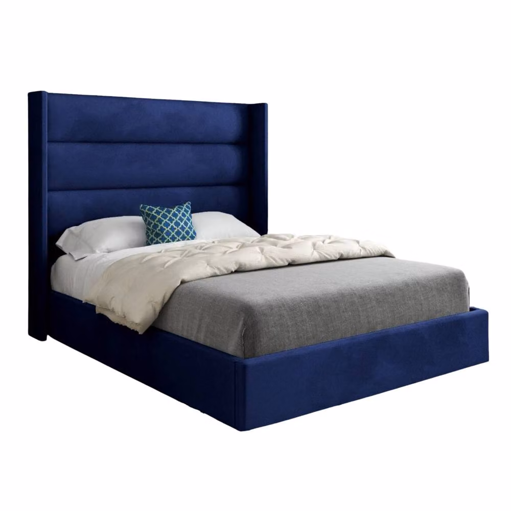 Casani Ramsey Straight Winged Upholstered Designer Bed Frame in Blue Soft Velvet, W/D/H: 137 x 120 x 200 cm – 3