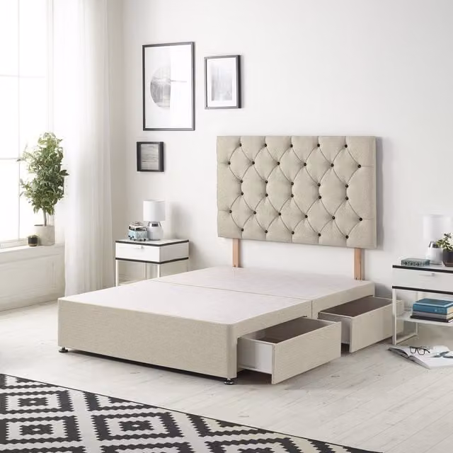 Somnior Beds Ltd Upholstered Fabric Divan Bed Base with Drawers, Beige and Yellow, W/D/H: 180 x 200 cm
