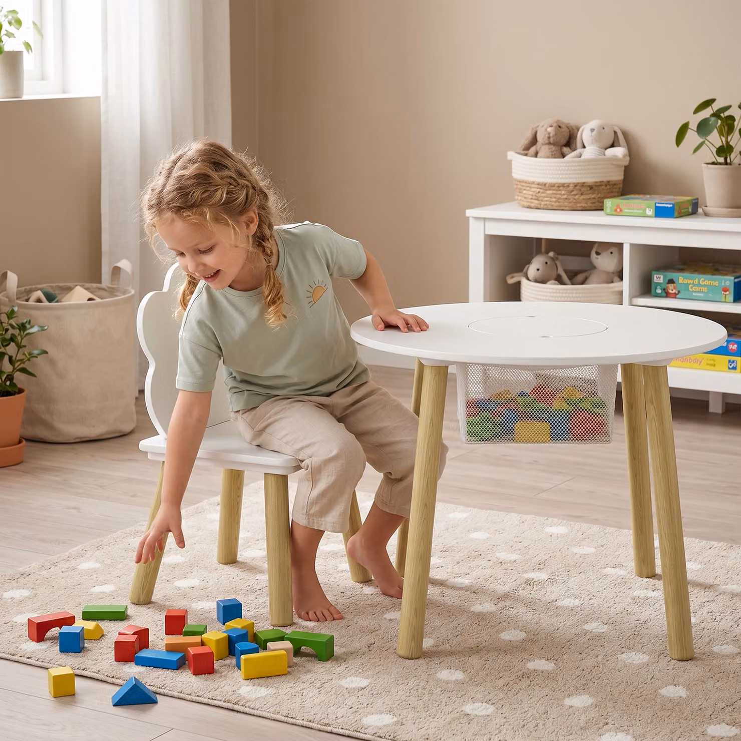 AIYAPLAY 3 Piece Kids Table and Chairs Set with Storage Bag, White Round Wooden Toddler Furniture Set for Playrooms – 3
