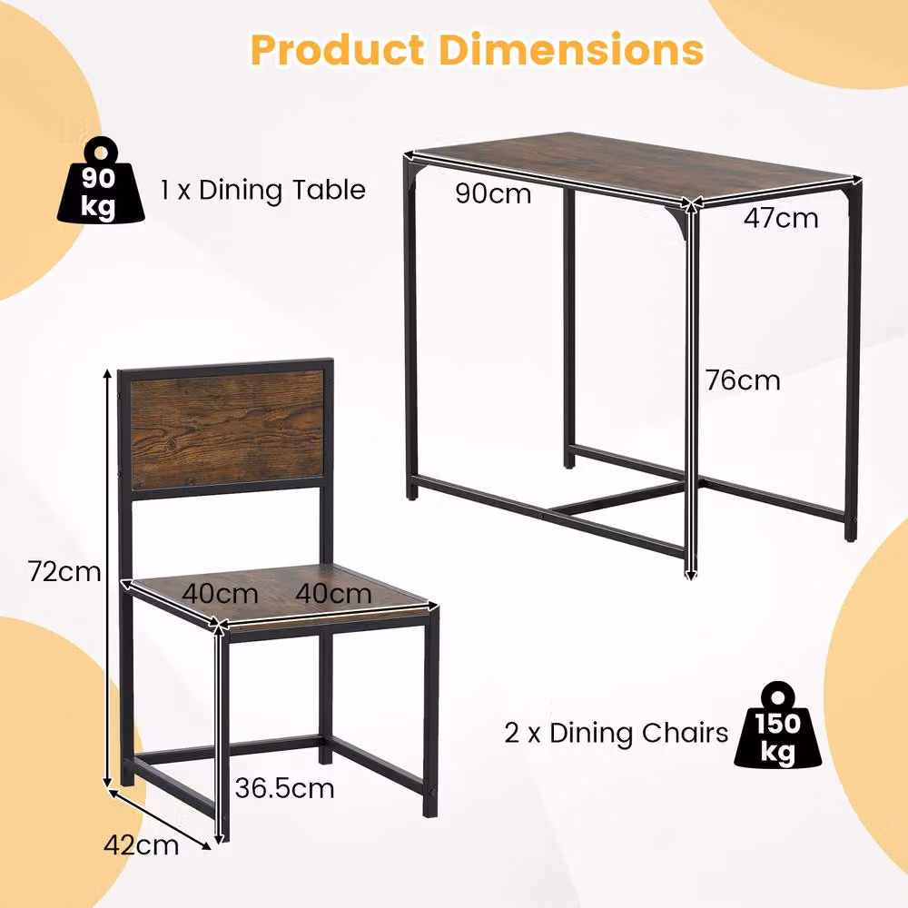 Costway 3 Piece Industrial Dining Set with Rectangular Kitchen Table and 2 Chairs in Brown – 2