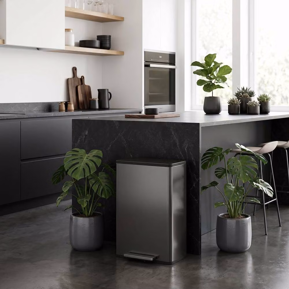 STILVORA 45L Black Stainless Steel Pedal Kitchen Bin with Soft-Close Lid and Removable Inner Bucket – 9